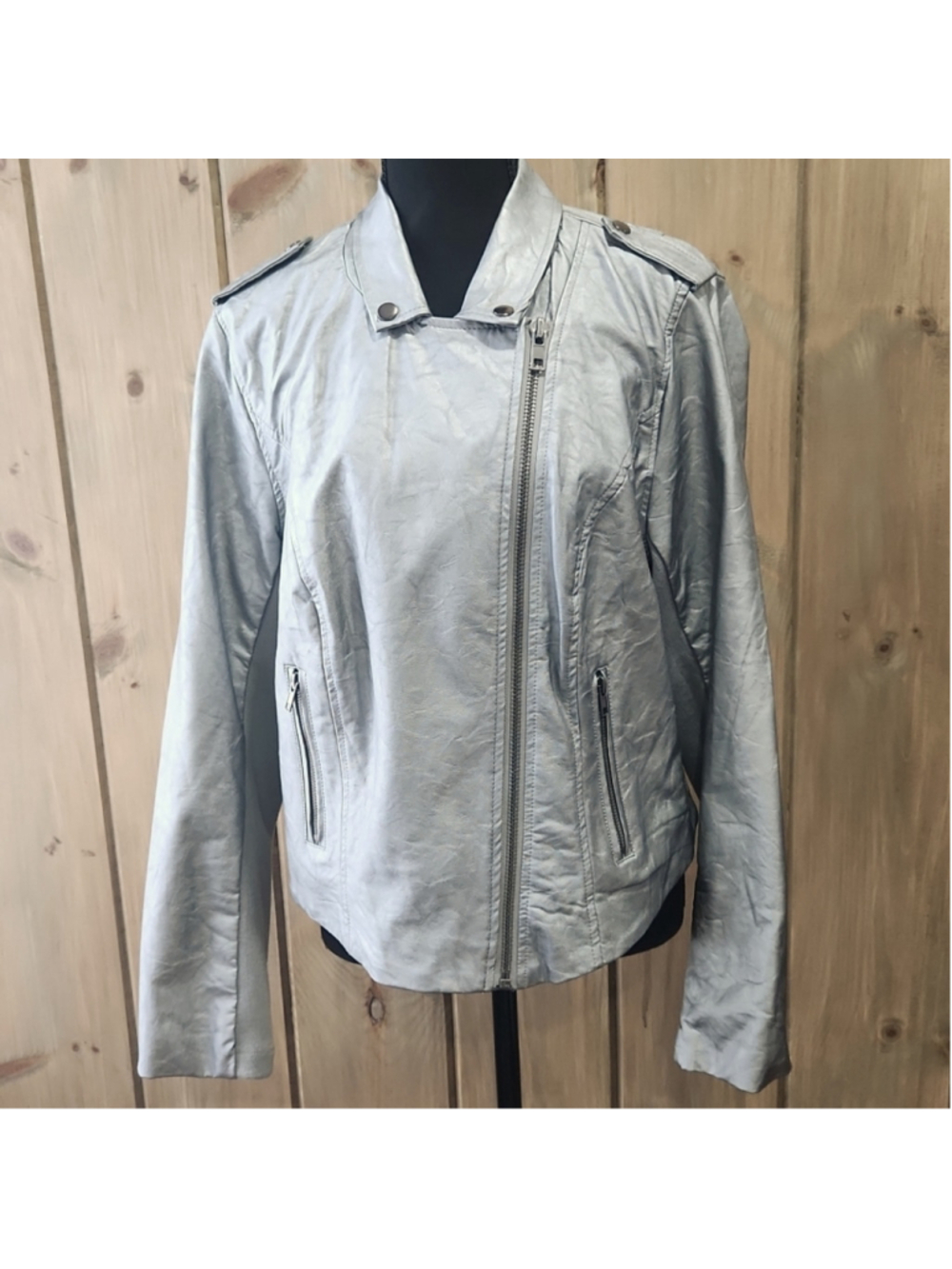 TORRID Silver Faux Leather Jacket, sz 1, measurements included,Excellent Cond.